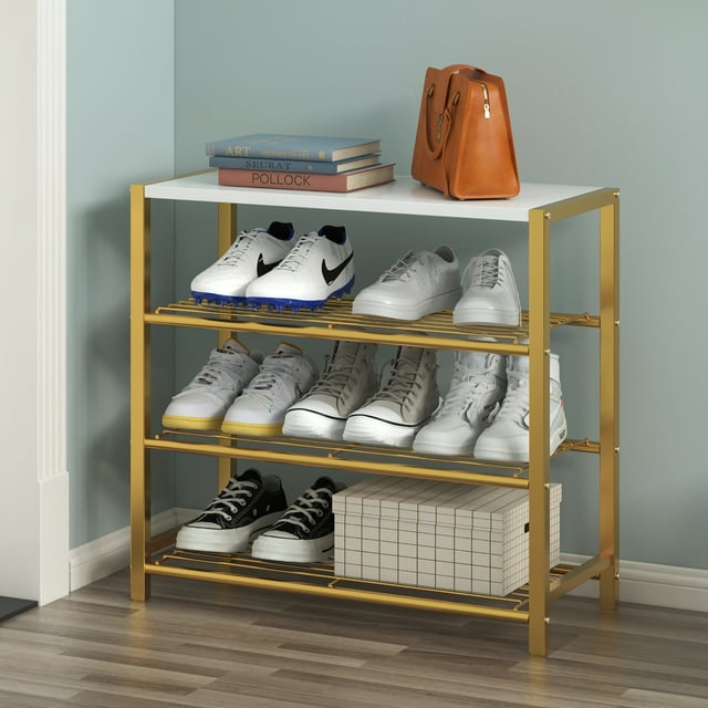 Yusong Shoe Rack, 4 Tier Shoe Organizer Storage for Closet Entryway, Narrow Slim Metal Shoe Shelves with Industrial Wooden Top, Gold and White