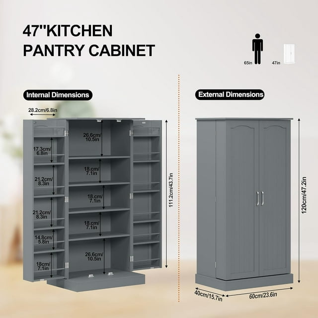 HOMEFORT 47" Kitchen Pantry, Farmhouse Pantry Cabinet, Storage Cabinet with Doors and Adjustable Shelves 47" H x 23.62" W x 15.75" D (White)