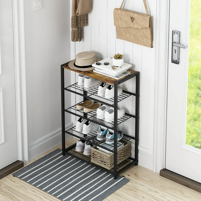 Yusong Shoe Rack, 5 Tier Shoe Organizer Storage for Closet Entryway, Narrow Tall Metal Shoe Shelves with Industrial Wooden Top, Rustic Brown and Black