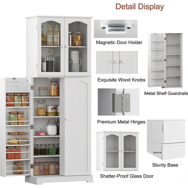 HOMEFORT 64" Kitchen Pantry Cabinet, Modern Tall Cabinet with MDF board and Adjustable Shelves, Freestanding Utility Storage Cabinet Cupboard for Kitchen, Living Room, Dining Room, White