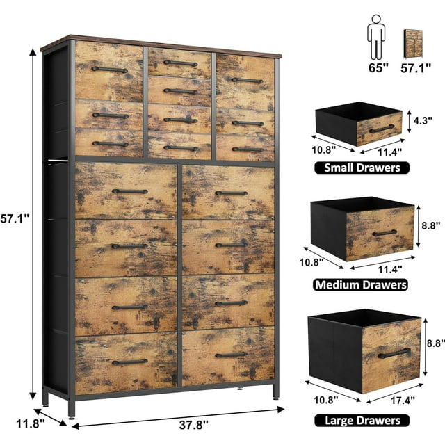 HOMEFORT 18 Drawer Dresser for Bedroom, 57" Tall Fabric Chest of Drawers, Large Capacity Storage Organizer Tower for Closet, Nursery, Living Room, Hallway, Entryway, Rustic Brown