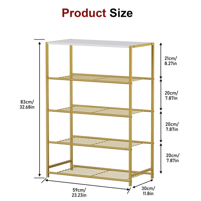 Yusong Shoe Rack, 5 Tier Shoe Organizer Storage for Closet Entryway, Narrow Tall Metal Shoe Shelves with Industrial Wooden Top, Gold and White
