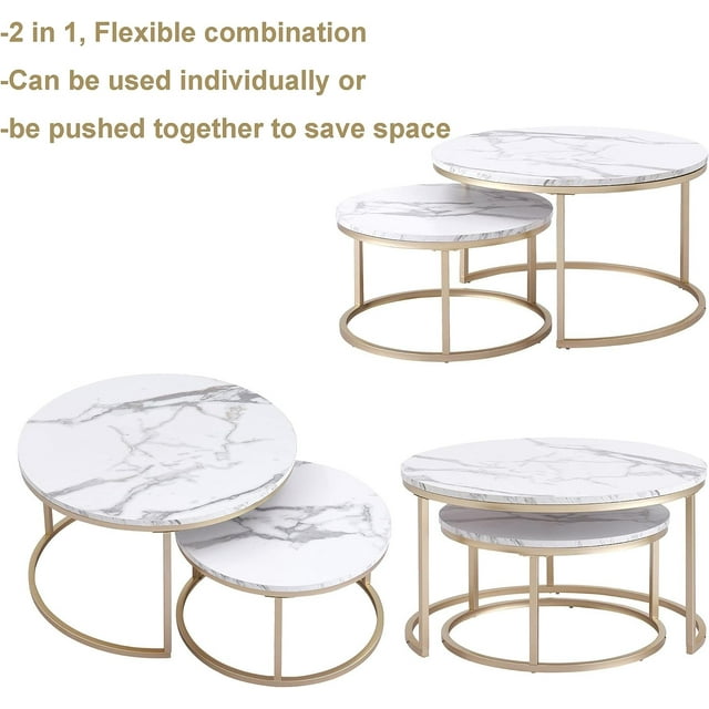 Yusong Round Nesting Coffee Tables Set of 2, Living Room Accent Center Tables with Marble Tabletops and Black Metal Frame, Modern Side End Tables for Bedroom, Gray