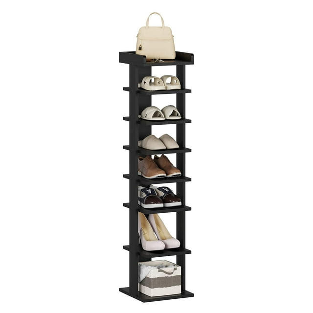 Yusong 8-Tier Shoe Rack, Entryway Shoe Tower,Vertical Shoe Organizer, Wooden Shoe Storage Stand, 8+Pairs of Shoes (Black)