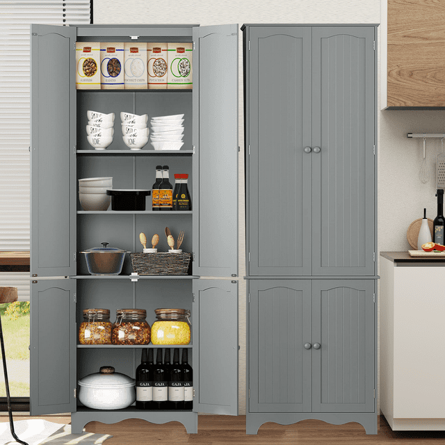 HOMEFORT 72" H Freestanding Tall Pantry Cabinet, Kitchen Pantry with 2 Large Cabinets and Adjustable Shelves, 2-Door Floor Storage Cabinet for Additional Storage Space in Gray