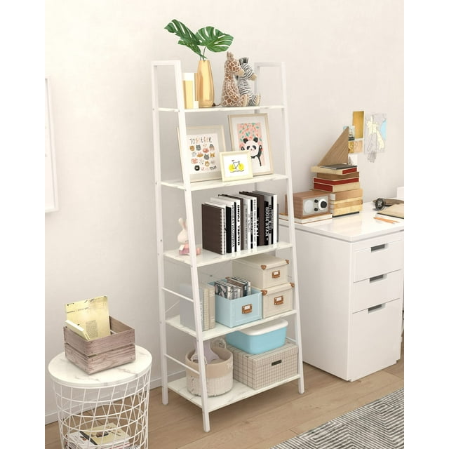 Yusong Bookshelf, Ladder Shelf 5-Tier Bookcase for Bedroom, Industrial Book Shelves Storage Rack with Metal Frame for Home Office, White