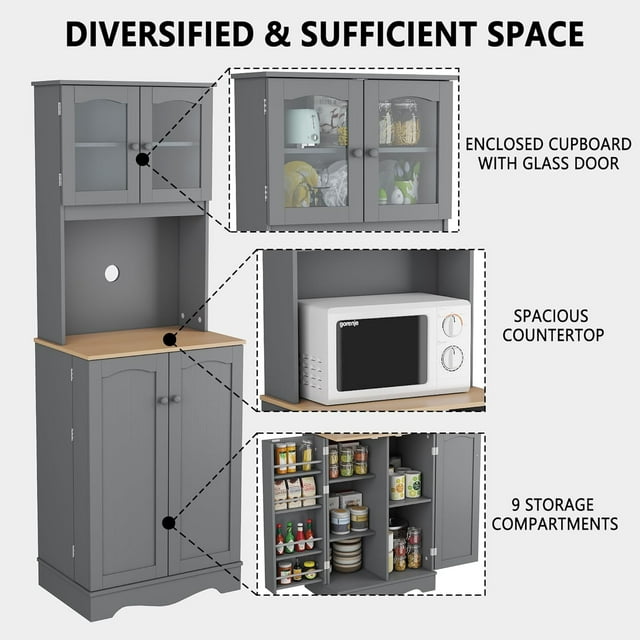 HOMEFORT 69” Kitchen Pantry Storage Cabinet with Microwave Stand, Modern Buffet Cabinet with Hutch, Freestanding Cupboard with Framed Glass Doors and Shelves for Dining Room, Grey