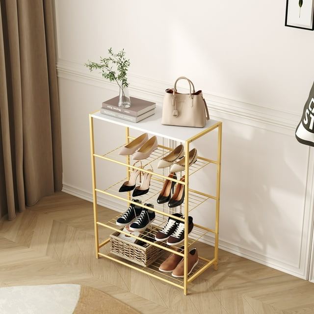 Yusong Shoe Rack, 5 Tier Shoe Organizer Storage for Closet Entryway, Narrow Tall Metal Shoe Shelves with Industrial Wooden Top, Gold and White