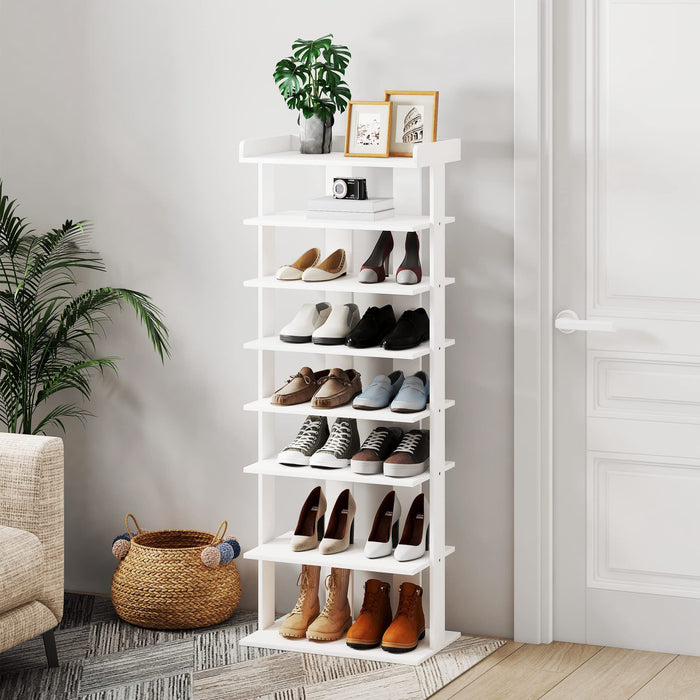 Yusong 8-Tier Shoe Rack, Entryway Shoe Tower,Vertical Shoe Organizer, Wooden Shoe Storage Stand, 16 Pairs of Shoes(White)