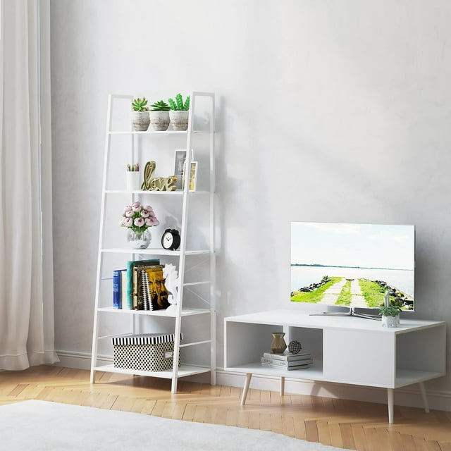 Yusong Bookshelf, Ladder Shelf 5-Tier Bookcase for Bedroom, Industrial Book Shelves Storage Rack with Metal Frame for Home Office, White