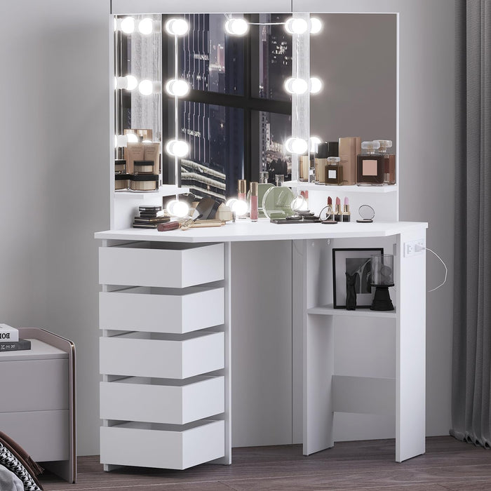 HOMEFORT Corner Vanity Desk with 3 HD Mirrors and Lights, Makeup Dressing Table with Outlet, Vanity Station with 3 Color Lighting, Adjustable Brightness, 5 Rotating Drawers for Women Bedroom, White