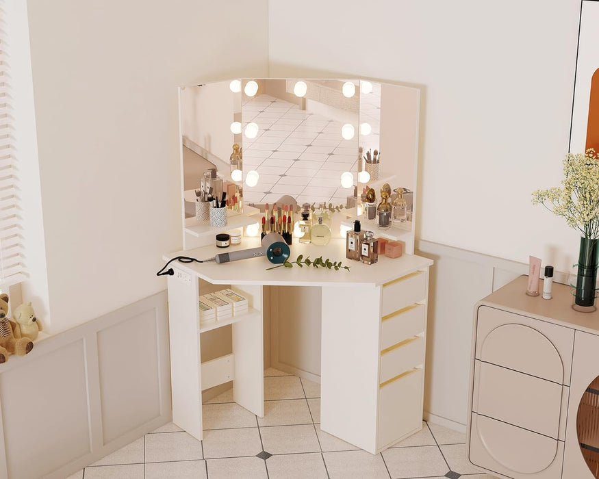 HomeBI Corner Vanity Desk with 3 HD Mirrors and Lights, Makeup Dressing Table with Outlet, Vanity Station with 3 Color Lighting, Adjustable Brightness, 4 Sliding Drawers for Women Bedroom, White