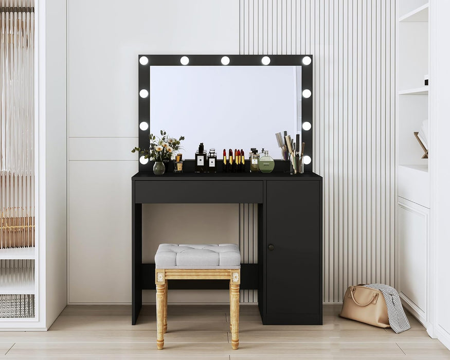 HOMEFORT Vanity Desk with Large HD Mirrors and Lights, Makeup Dressing Table with Outlet, Vanity Station with 3 Color Lighting, Adjustable Brightness, Big Drawer and Cabinet for Women Bedroom,Black