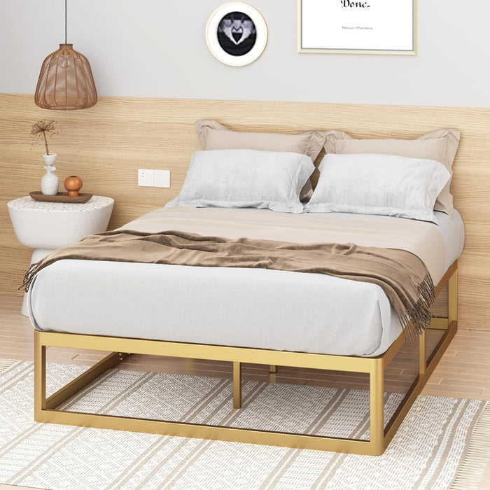 HOMEFORT Full Size Bed Frame,14" Full Bed Frame,Heavy Duty Steel Slat Mattress Foundation,No Box Spring Needed, Golden Full Platform Bed Frame