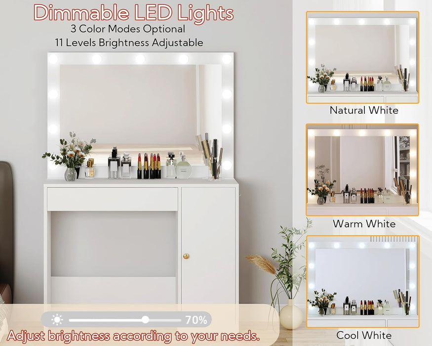 HOMEFORT Vanity Desk with Large HD Mirrors and Lights, Makeup Dressing Table with Outlet, Vanity Station with 3 Color Lighting, Adjustable Brightness, Big Drawer and Cabinet for Women Bedroom, White