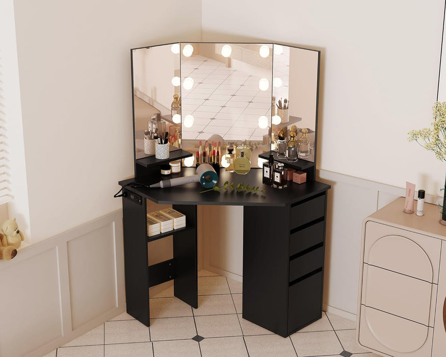 HOMEFORT Corner Vanity Desk with 3 HD Mirrors and Lights, Makeup Dressing Table with Outlet, Vanity Station with 3 Color Lighting, Adjustable Brightness, 4 Sliding Drawers for Women Bedroom, Black