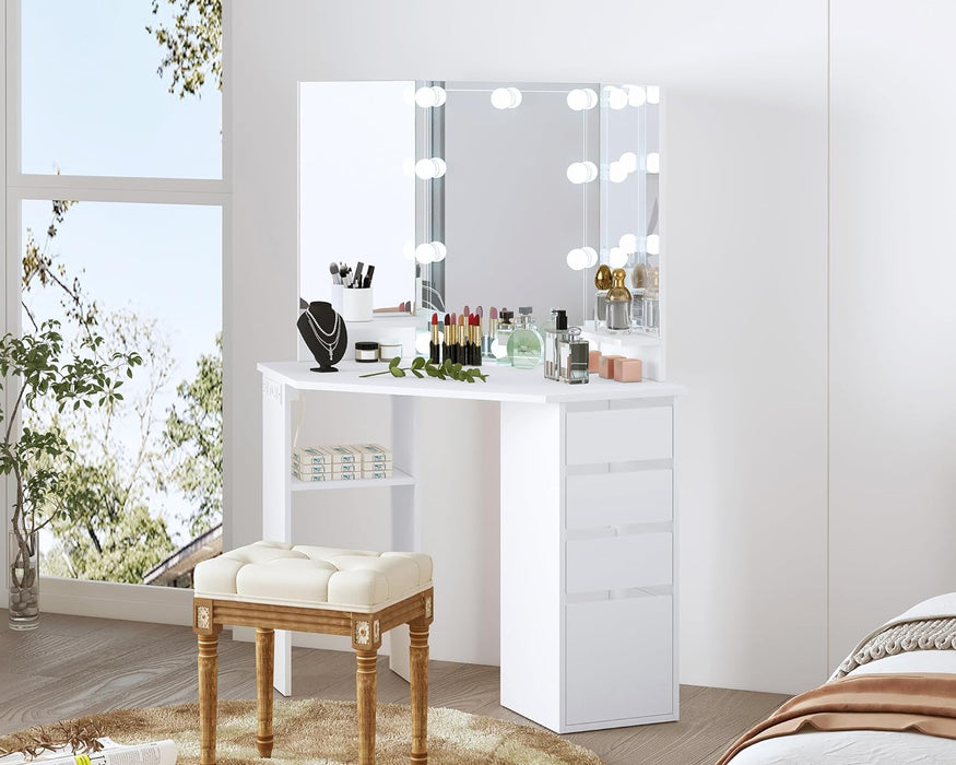 HomeBI Corner Vanity Desk with 3 HD Mirrors and Lights, Makeup Dressing Table with Outlet, Vanity Station with 3 Color Lighting, Adjustable Brightness, 4 Sliding Drawers for Women Bedroom, White