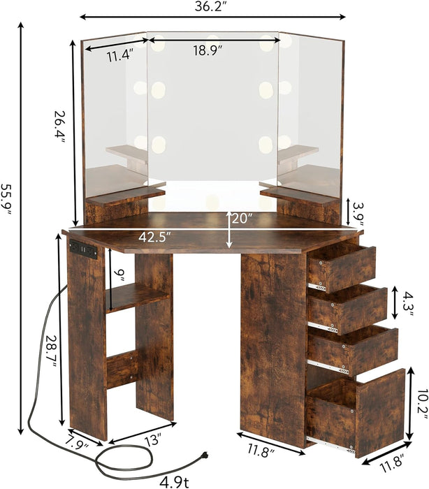 HomeBI Corner Vanity Desk with 3 HD Mirrors and Lights, Makeup Dressing Table with Outlet, Vanity Station with 3 Color Lighting, Adjustable Brightness, 4 Sliding Drawers for Women Bedroom, Brown