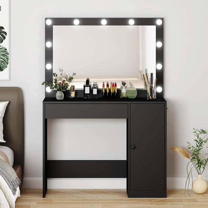HOMEFORT Vanity Desk with Large HD Mirrors and Lights, Makeup Dressing Table with Outlet, Vanity Station with 3 Color Lighting, Adjustable Brightness, Big Drawer and Cabinet for Women Bedroom,Black