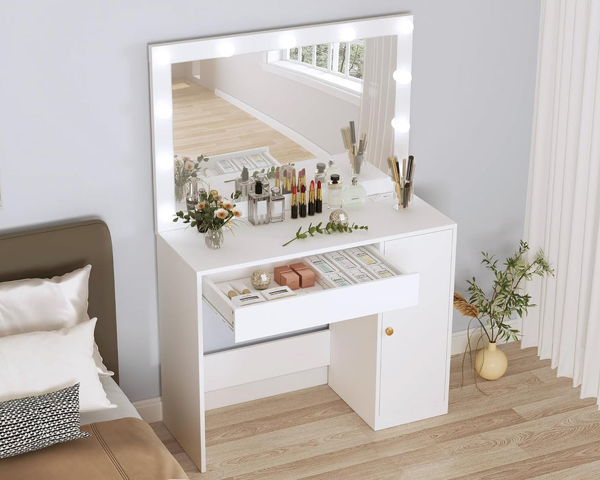 HOMEFORT Vanity Desk with Large HD Mirrors and Lights, Makeup Dressing Table with Outlet, Vanity Station with 3 Color Lighting, Adjustable Brightness, Big Drawer and Cabinet for Women Bedroom, White