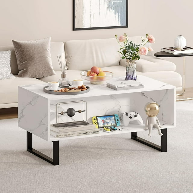 HOMEFORT LED Coffee Table with Storage, Wood Center Table Modern Coffee Table for Living Room Unique Coffee Table LED Coffee Tables (White, 41.8" L x 22.1" W x 19.7" H)