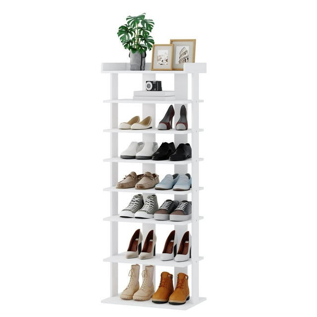Yusong 8-Tier Shoe Rack, Entryway Shoe Tower,Vertical Shoe Organizer, Wooden Shoe Storage Stand, 16 Pairs of Shoes(White)