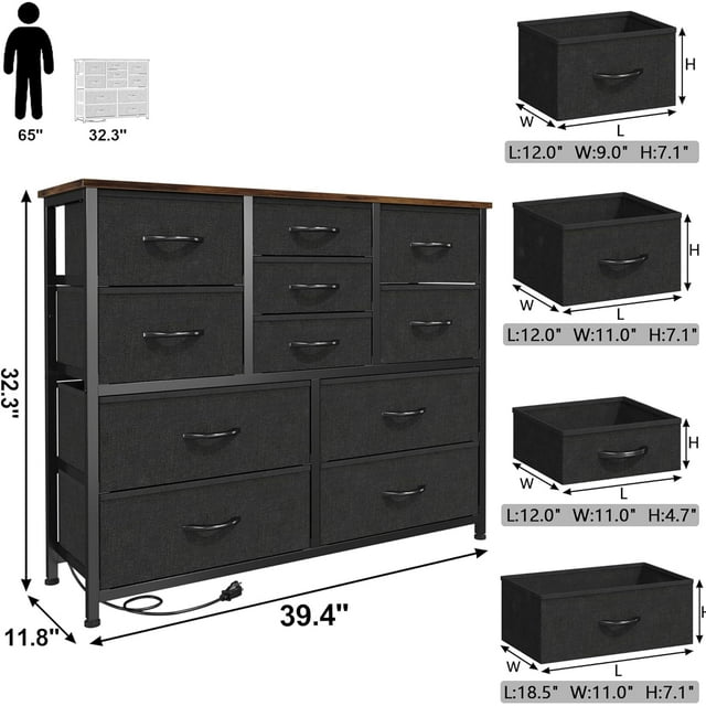 HOMEFORT 11 Drawer Dresser with Power Outlet, Fabric Chest of Drawers for TV Stand up to 43", Large Capacity Storage Organizer Tower for Bedroom, Closet, Nursery, Living Room, Entryway, Rustic Brown
