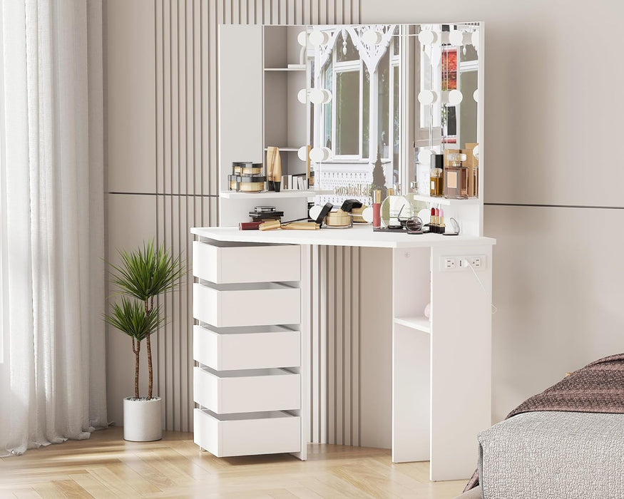 HOMEFORT Corner Vanity Desk with 3 HD Mirrors and Lights, Makeup Dressing Table with Outlet, Vanity Station with 3 Color Lighting, Adjustable Brightness, 5 Rotating Drawers for Women Bedroom, White