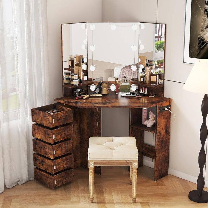 HOMEFORT Corner Vanity Desk with 3 HD Mirrors and Lights, Makeup Dressing Table with Outlet, Vanity Station with 3 Color Lighting, Adjustable Brightness, 5 Rotating Drawers for Women Bedroom, Brown