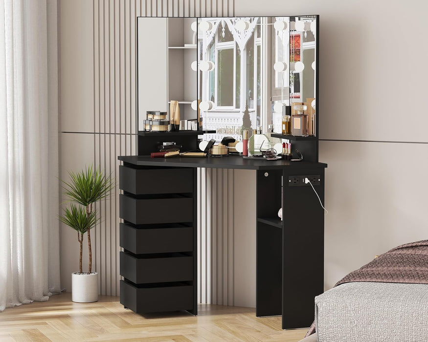 HOMEFORT Corner Vanity Desk with 3 HD Mirrors and Lights, Makeup Dressing Table with Outlet, Vanity Station with 3 Color Lighting, Adjustable Brightness, 5 Rotating Drawers for Women Bedroom, Black