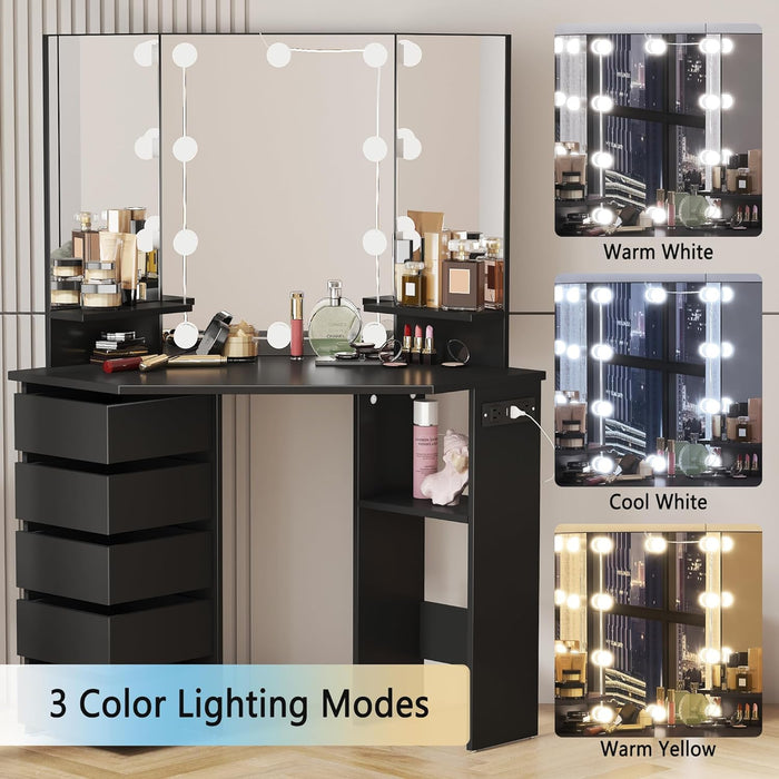 HOMEFORT Corner Vanity Desk with 3 HD Mirrors and Lights, Makeup Dressing Table with Outlet, Vanity Station with 3 Color Lighting, Adjustable Brightness, 5 Rotating Drawers for Women Bedroom, Black