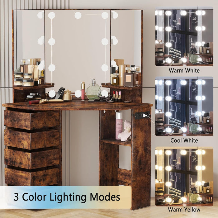 HOMEFORT Corner Vanity Desk with 3 HD Mirrors and Lights, Makeup Dressing Table with Outlet, Vanity Station with 3 Color Lighting, Adjustable Brightness, 5 Rotating Drawers for Women Bedroom, Brown