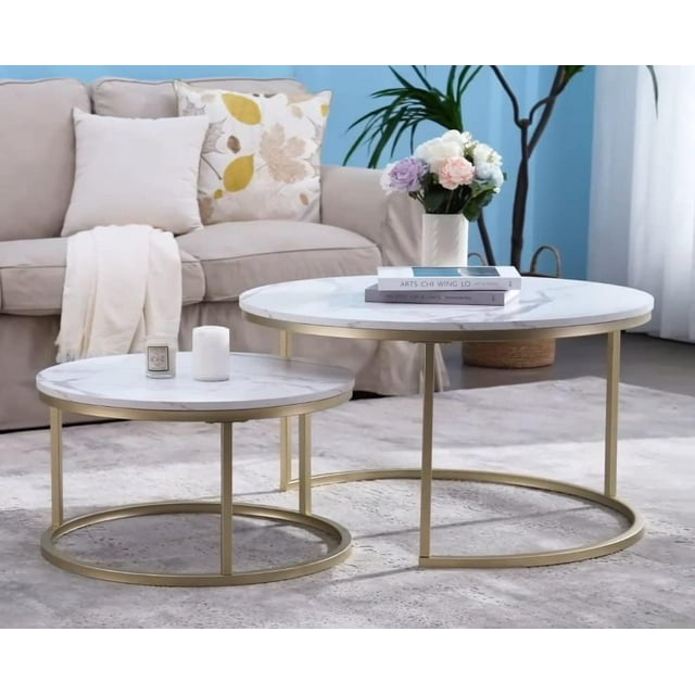 Yusong Round Nesting Coffee Tables Set of 2, Living Room Accent Center Tables with Marble Tabletops and Black Metal Frame, Modern Side End Tables for Bedroom, Gray