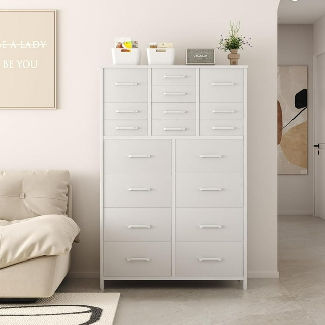 HOMEFORT 18 Drawer Dresser for Bedroom, 57" Tall Fabric Chest of Drawers, Large Capacity Storage Organizer Tower for Closet, Living Room, Hallway, Entryway, White
