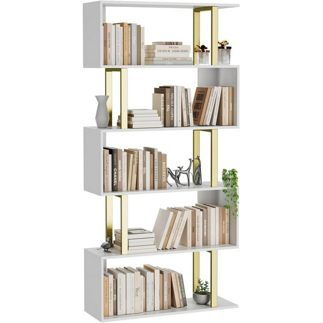 HOMEFORT 5-Tier Geometric Bookcase,S Shaped Bookshelf, Wood Decorative Storage Shelving, Modern Freestanding Display Shelves, Tall Book Shelf Unit for Living Room Bedroom