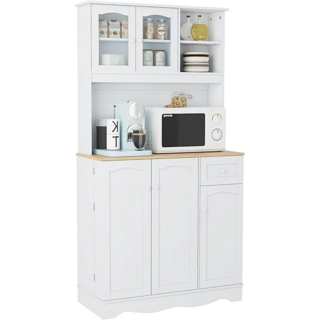 HOMEFORT 69” Kitchen Pantry Cabinet with Microwave Stand, Modern Buffet Cabinet with Hutch, Freestanding Cupboard with 3 Doors, Adjustable Shelves and 1 Drawer for Dining Room, White