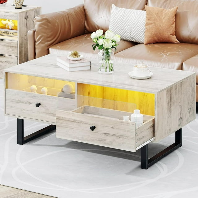 HOMEFORT LED Coffee Table with Storage, Wood Center Table Modern Coffee Table for Living Room Unique Coffee Table LED Coffee Tables (Light Ivory, 41.8" L x 22.1" W x 19.7" H)