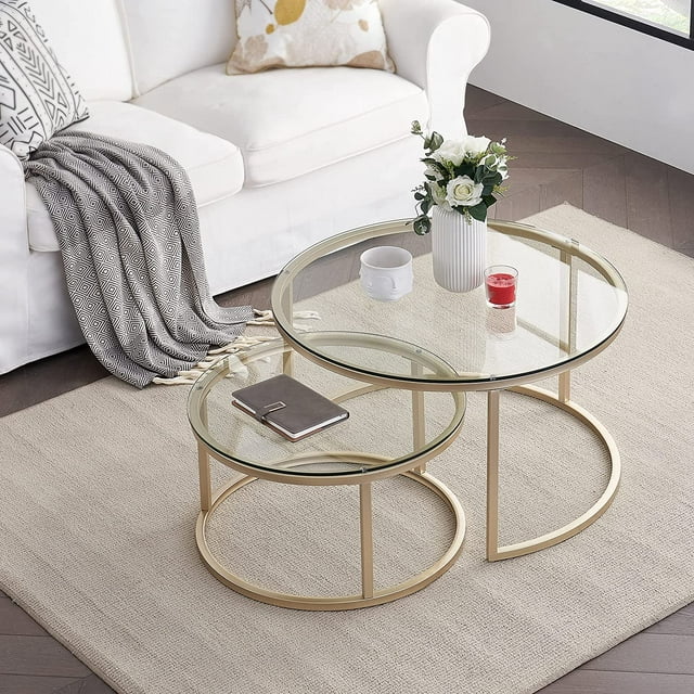 HOMEFORT Round Nesting Coffee Table Set of 2, 31.5'' Modern Tempered Glass Coffee Tables for Living Room, Accent Clear Side Tables Set End Tea Table for Balcony Home Office Cafe (Gold)