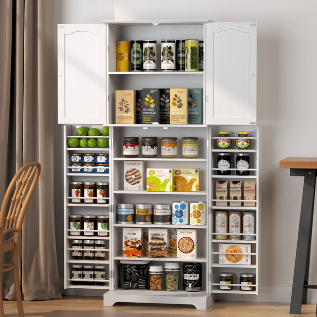 HOMEFORT Tall Kitchen Pantry Storage Cabinet with Doors and Shelves, Wooden Food Pantry Farmhouse Cupboard Freestanding Buffet for Kitchen Dining Living Room, Grey