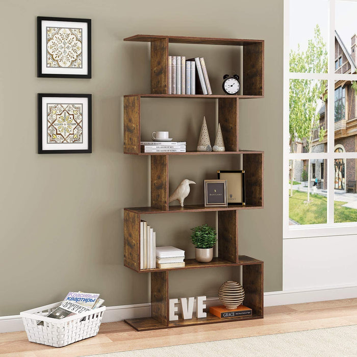 HOMEFORT Wood Geometric 5-Tier Modern Bookcase, Open Shelf and Room Divider, Freestanding Display Storage Organizer, Decorative Shelving Unit for Home Office and Living Room (Rustic Brown)