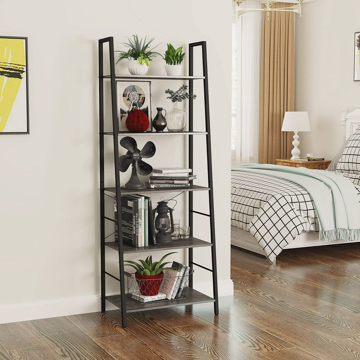 Yusong Bookshelf, Ladder Shelf 5-Tier Bookcase for Bedroom, Industrial Book Shelves Storage Rack with Metal Frame for Home Office, Gray
