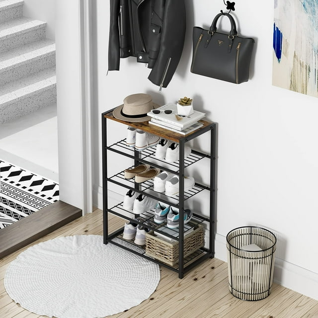 Yusong Shoe Rack, 5 Tier Shoe Organizer Storage for Closet Entryway, Narrow Tall Metal Shoe Shelves with Industrial Wooden Top, Rustic Brown and Black