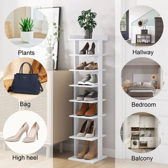 Yusong 8-Tier Shoe Rack, Entryway Shoe Tower,Vertical Shoe Organizer, Wooden Shoe Storage Stand, 8+ Pairs of Shoes(White)