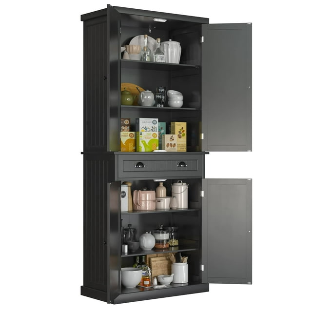 Yusong 72'' Tall Kitchen Pantry Cabinet, Farmhouse Storage Cabinet with 4 Doors, Drawer and Adjustable Shelf, Freestanding Wooden Cupboard Buffet for Home Dining Room Living Room Entryway, Black