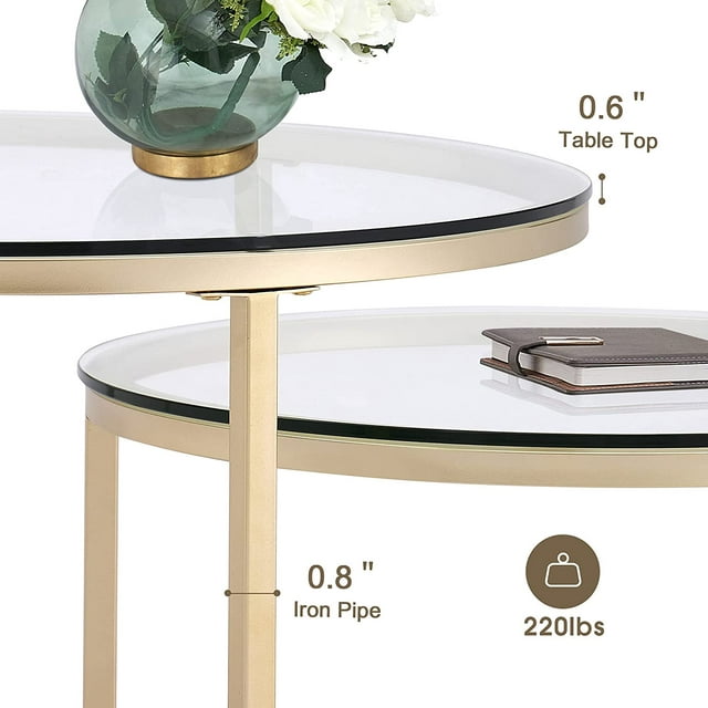 HOMEFORT Round Nesting Coffee Table Set of 2, 31.5'' Modern Tempered Glass Coffee Tables for Living Room, Accent Clear Side Tables Set End Tea Table for Balcony Home Office Cafe (Gold)