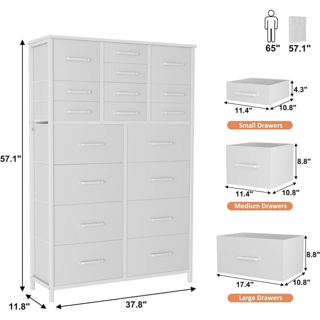 HOMEFORT 18 Drawer Dresser for Bedroom, 57" Tall Fabric Chest of Drawers, Large Capacity Storage Organizer Tower for Closet, Living Room, Hallway, Entryway, White