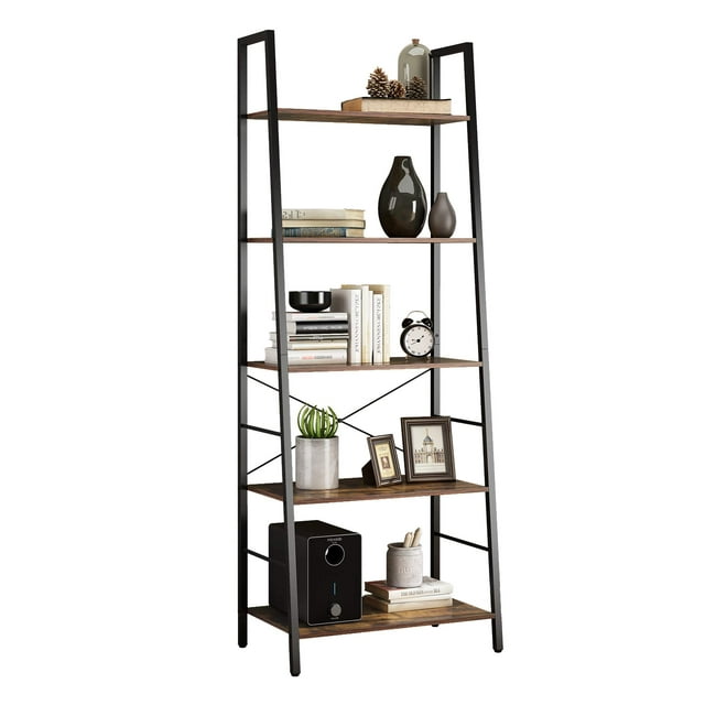 Yusong Bookshelf, Ladder Shelf 5-Tier Bookcase for Bedroom, Industrial Book Shelves Storage Rack with Metal Frame for Home Office, Rustic Brown