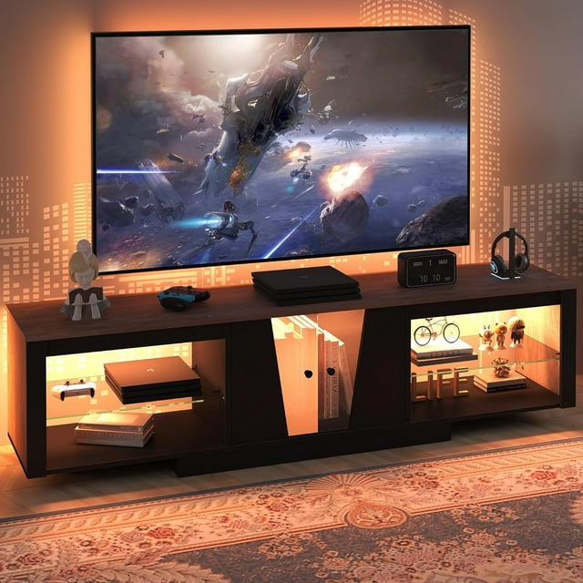 TV Stand for 65 75 inch TV, Modern Gaming TV Console Table with Glass Shelves for Living Room Bedroom, LED Media Entertainment Center with Large Storage Cabinet (Walnut, 71" L)