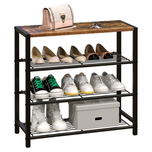 Yusong Shoe Rack, 4 Tier Shoe Organizer Storage for Closet Entryway, Narrow Slim Metal Shoe Shelves with Industrial Wooden Top, Rustic Brown and Black