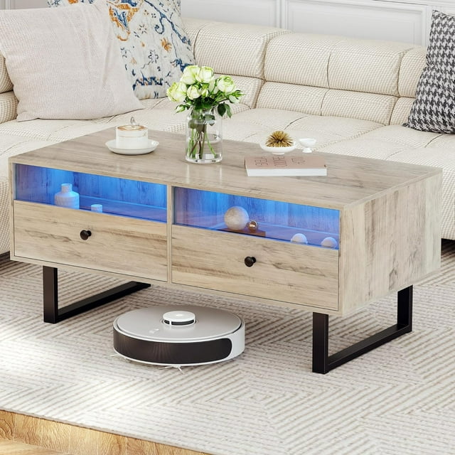 HOMEFORT LED Coffee Table with Storage, Wood Center Table Modern Coffee Table for Living Room Unique Coffee Table LED Coffee Tables (Light Ivory, 41.8" L x 22.1" W x 19.7" H)
